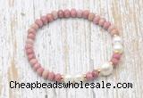 CFB729 faceted rondelle pink wooden jasper & potato white freshwater pearl stretchy bracelet