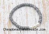 CFB734 faceted rondelle grey picture jasper & potato white freshwater pearl stretchy bracelet