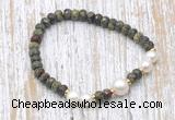 CFB744 faceted rondelle dragon blood jasper & potato white freshwater pearl stretchy bracelet