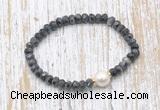 CFB751 faceted rondelle black labradorite & potato white freshwater pearl stretchy bracelet