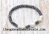 CFB753 faceted rondelle black labradorite & potato white freshwater pearl stretchy bracelet