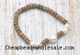 CFB759 faceted rondelle unakite & potato white freshwater pearl stretchy bracelet