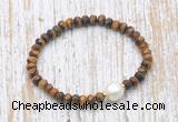 CFB766 faceted rondelle yellow tiger eye & potato white freshwater pearl stretchy bracelet