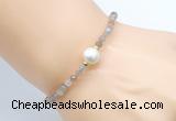 CFB803 4mm faceted round rainbow moonstone & potato white freshwater pearl bracelet