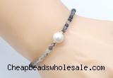 CFB811 4mm faceted round black rutilated quartz & potato white freshwater pearl bracelet