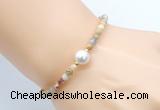 CFB834 4mm faceted round yellow crazy lace agate & potato white freshwater pearl bracelet