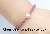 CFB842 4mm faceted round pink wooden jasper & potato white freshwater pearl bracelet