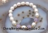 CFB903 9mm - 10mm rice white freshwater pearl & lavender amethyst stretchy bracelet