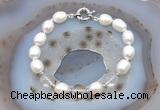 CFB908 Hand-knotted 9mm - 10mm rice white freshwater pearl & white crystal bracelet