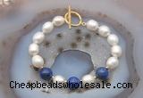 CFB941 Hand-knotted 9mm - 10mm rice white freshwater pearl & lapis lazuli bracelet