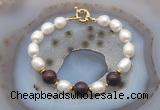 CFB948 Hand-knotted 9mm - 10mm rice white freshwater pearl & brecciated jasper bracelet