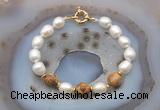 CFB950 Hand-knotted 9mm - 10mm rice white freshwater pearl & picture jasper bracelet