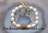 CFB951 Hand-knotted 9mm - 10mm rice white freshwater pearl & wooden jasper bracelet