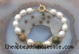 CFB953 Hand-knotted 9mm - 10mm rice white freshwater pearl & unakite bracelet