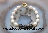 CFB958 Hand-knotted 9mm - 10mm rice white freshwater pearl & golden obsidian bracelet