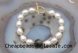 CFB966 Hand-knotted 9mm - 10mm rice white freshwater pearl & golden obsidian bracelet