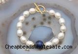 CFB980 Hand-knotted 9mm - 10mm rice white freshwater pearl & blue tiger eye bracelet