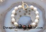 CFB981 Hand-knotted 9mm - 10mm rice white freshwater pearl & mixed tiger eye bracelet