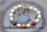 CFB982 Hand-knotted 9mm - 10mm rice white freshwater pearl & colorful tiger eye bracelet