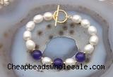 CFB988 Hand-knotted 9mm - 10mm rice white freshwater pearl & candy jade bracelet