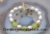 CFB993 Hand-knotted 9mm - 10mm rice white freshwater pearl & candy jade bracelet