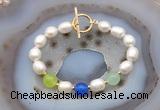 CFB997 Hand-knotted 9mm - 10mm rice white freshwater pearl & colorful candy jade bracelet