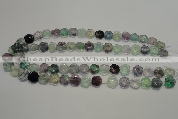 CFL492 15.5 inches 12mm carved flower natural fluorite beads