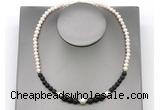 CFN121 potato white freshwater pearl & black lava necklace, 16 - 24 inches