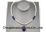 CFN154 baroque white freshwater pearl & lapis lazuli necklace with pendant