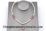 CFN163 baroque white freshwater pearl & pink wooden jasper necklace with pendant