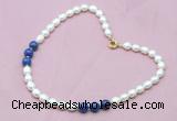 CFN305 Rice white freshwater pearl & lapis lazuli necklace, 16 - 24 inches