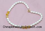 CFN307 Rice white freshwater pearl & yellow banded agate necklace, 16 - 24 inches