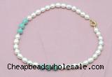 CFN314 9 - 10mm rice white freshwater pearl & amazonite necklace wholesale