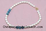 CFN315 9 - 10mm rice white freshwater pearl & apatite necklace wholesale