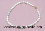 CFN318 9 - 10mm rice white freshwater pearl & morganite necklace wholesale