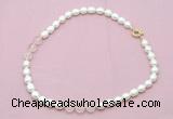 CFN322 9 - 10mm rice white freshwater pearl & rose quartz necklace wholesale