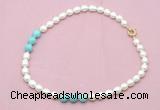 CFN326 9 - 10mm rice white freshwater pearl & blue howlite necklace wholesale