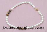 CFN328 9 - 10mm rice white freshwater pearl & yellow tiger eye necklace wholesale