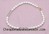 CFN331 9 - 10mm rice white freshwater pearl & white crystal necklace wholesale