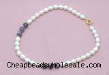 CFN333 9 - 10mm rice white freshwater pearl & dogtooth amethyst necklace wholesale