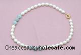 CFN335 9 - 10mm rice white freshwater pearl & aquamarine necklace wholesale