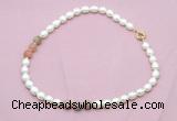 CFN337 9 - 10mm rice white freshwater pearl & rainbow moonstone necklace wholesale