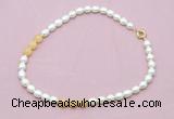 CFN342 9 - 10mm rice white freshwater pearl & honey jade necklace wholesale