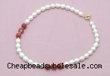 CFN344 9 - 10mm rice white freshwater pearl & red banded agate necklace wholesale