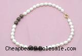 CFN346 9 - 10mm rice white freshwater pearl & bronzite necklace wholesale