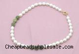 CFN348 9 - 10mm rice white freshwater pearl & China jade necklace wholesale