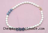 CFN350 9 - 10mm rice white freshwater pearl & blue spot stone necklace wholesale