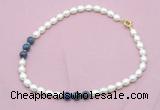 CFN351 9 - 10mm rice white freshwater pearl & dumortierite necklace wholesale