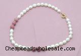 CFN353 9 - 10mm rice white freshwater pearl & pink wooden jasper necklace wholesale