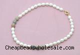 CFN357 9 - 10mm rice white freshwater pearl & serpentine jasper necklace wholesale